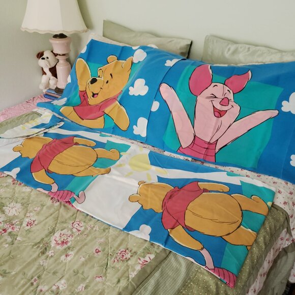 Vintage Disney Winnie the Pooh & Piglet Bed Flat Sheet & 2 Pillowcases - Picture 8 of 9